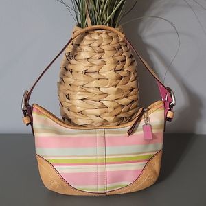 Coach Soho Signature Stripe Fabric Leather 1884 Pink/Tan Hobo Bag